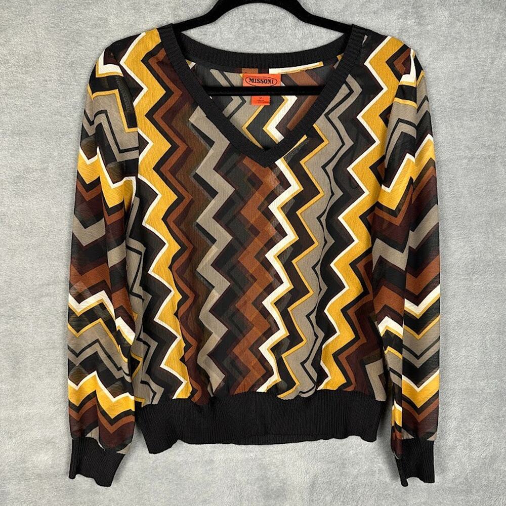 Missoni Target Top Womens Medium Black Geometric Long Sleeve Sheer Preppy Retro